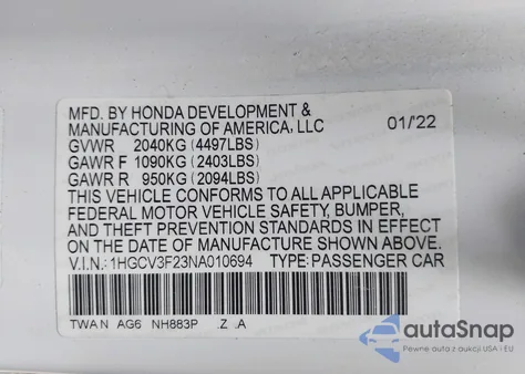 2022 Honda Accord Hybrid Sport from USA, damaged, VIN 1HGCV3F23NA010694